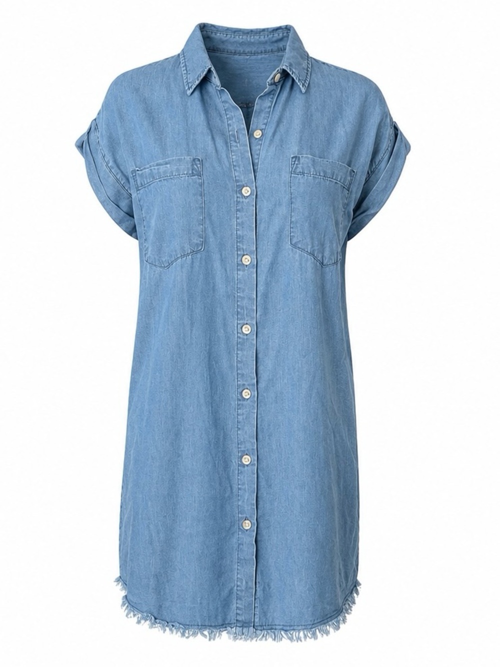 Chambray Button Down Shirt Dress Frayed Hem Oversized | SIZE SMALL